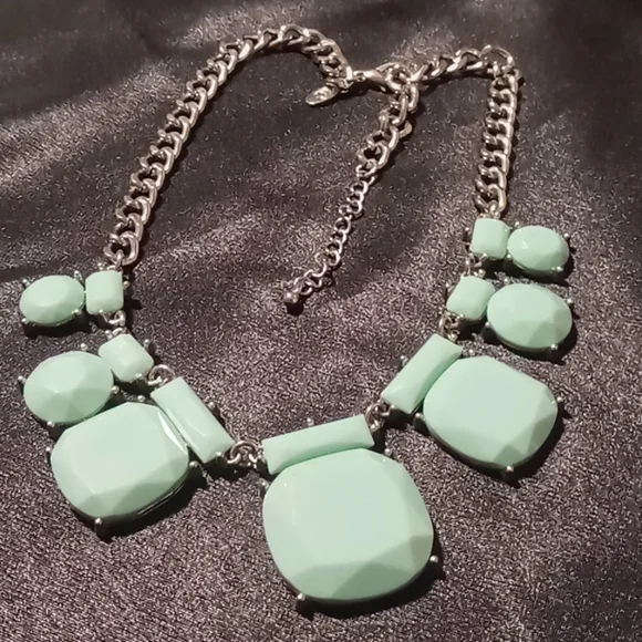 Charming Charlie collar necklace teal resin gems stainless Chunky chain - Picture 4 of 4